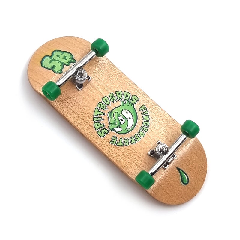 SPITBOARDS 34mm x 96mm Complete Pro Fingerboard Set-Up | Real Wood Deck | Pro Trucks with Lock-Nuts and Bushings | Polyurethane Wheels with Bearings | Round Emblem (Wood Version) - Image 1